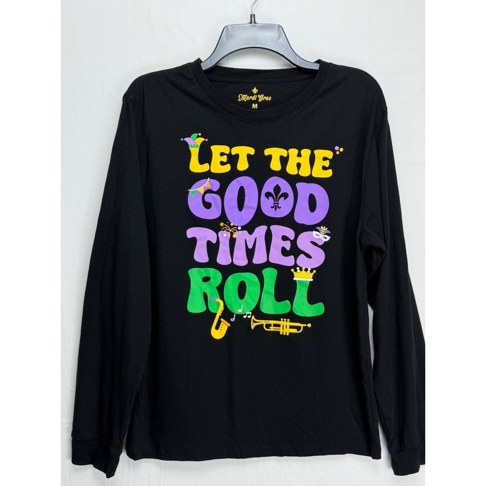 Mardi Gras Women Cotton Graphic Tee M Black Let The Good Times Roll Long Sleeve